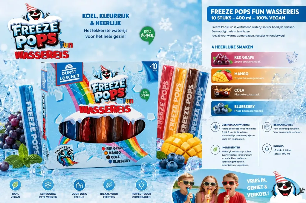 FREEZE POPS FUN WATER ICE 10 × 40 ml | 24 Packs per Box | 100% Vegan